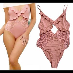 PINK dusty rose ruffle V-neck one piece swimsuit